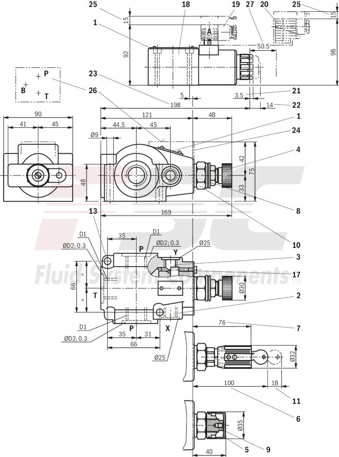technical illustration-R901223095-For subplate mounting<br>
Porting pattern according to ISO&nbsp;6264-06-09-*-97 (NG10) and ISO&nbsp;6264-08-13-*-97 (NG25) For threaded connection 4 adjustment types for pressure adjustment, optionally<br>
• Rotary knob<br>
• Sleeve with hexagon and protective cap<br>
• Lockable rotary knob with scale<br>
• Rotary knob with scale 5 pressure ratings
