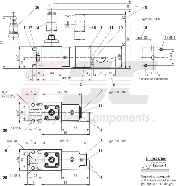technical illustration-R901102362-200 bar, micro switch with NC contact/NO contact function, device connector DIN EN 175301-803 (large cubic connector)