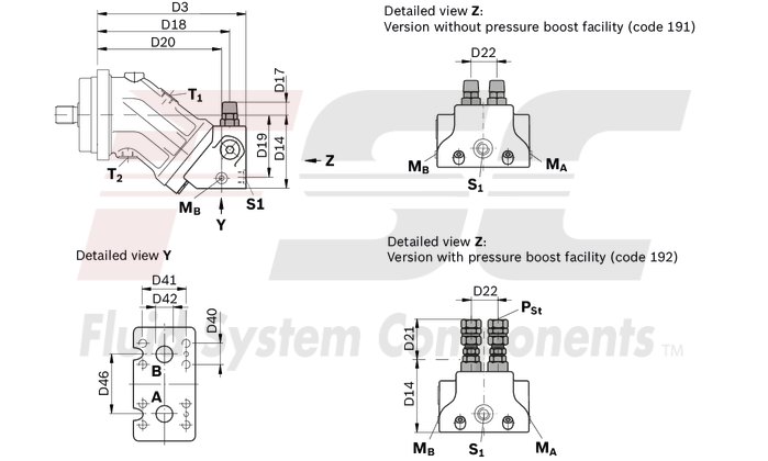 technical illustration-R902161205-Large variety of available nominal sizes allows exact adjustment to the application High power density Very high total efficiency High starting efficiency Working ports SAE flange or thread Optional with integrated pressure relief valve Optional with mounted addifitonal valve: counterbalance valve (BVD/BVE), flushing and boost-pressure valve Bent-axis design
