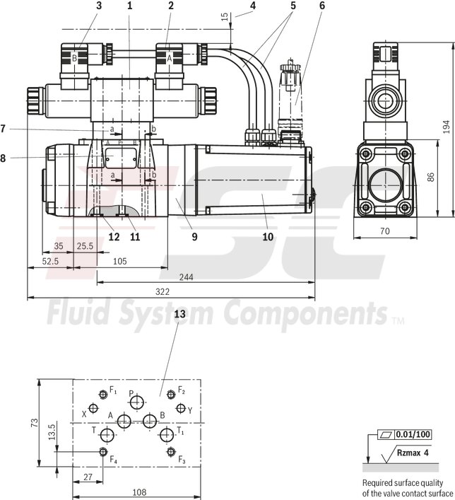 technical illustration-R900727476-Pilot-operated 2-stage proportional directional valves with electrical position feedback of the main control spool and integrated electronics (OBE) Control of flow direction and size Proportional solenoid operation For subplate mounting: Porting pattern according to ISO 4401 Electrical position feedback Spring-centered main control spool Pilot control valve: single-stage proportional directional valve Main stage with position control