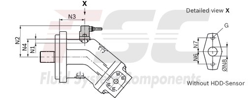 technical illustration-R902202055-Large variety of available nominal sizes allows exact adjustment to the application High power density Very high total efficiency High starting efficiency Working ports SAE flange or thread Optional with integrated pressure relief valve Optional with mounted addifitonal valve: counterbalance valve (BVD/BVE), flushing and boost-pressure valve Bent-axis design