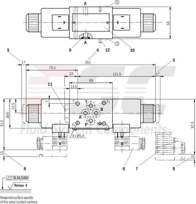 technical illustration-R900945999-Direct-controlled directional slide valve with solenoid actuation Sandwich plate valve As stop straight-through valve or stop straight-through short circuit valve Porting pattern according to DIN&nbsp;24340 form&nbsp;A (without locating hole), (standard) Porting pattern according to ISO&nbsp;4401-03-02-0-05 (with locating hole) Wet-pin AC or DC solenoids Manual override, optional