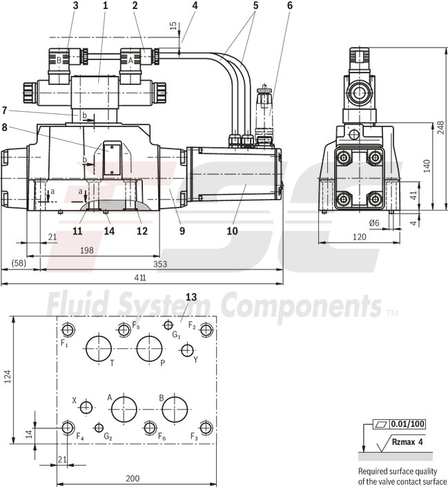 technical illustration-R900727476-Pilot-operated 2-stage proportional directional valves with electrical position feedback of the main control spool and integrated electronics (OBE) Control of flow direction and size Proportional solenoid operation For subplate mounting: Porting pattern according to ISO 4401 Electrical position feedback Spring-centered main control spool Pilot control valve: single-stage proportional directional valve Main stage with position control