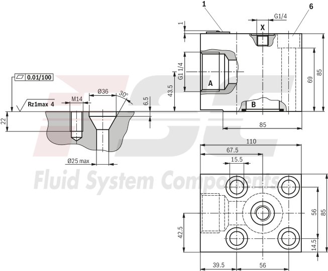technical illustration-R900964465-Size 40, A → B, hydraulically actuated
