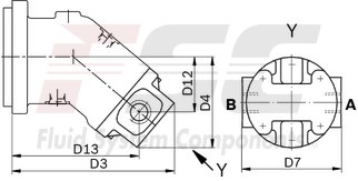 technical illustration-R902202055-Large variety of available nominal sizes allows exact adjustment to the application High power density Very high total efficiency High starting efficiency Working ports SAE flange or thread Optional with integrated pressure relief valve Optional with mounted addifitonal valve: counterbalance valve (BVD/BVE), flushing and boost-pressure valve Bent-axis design