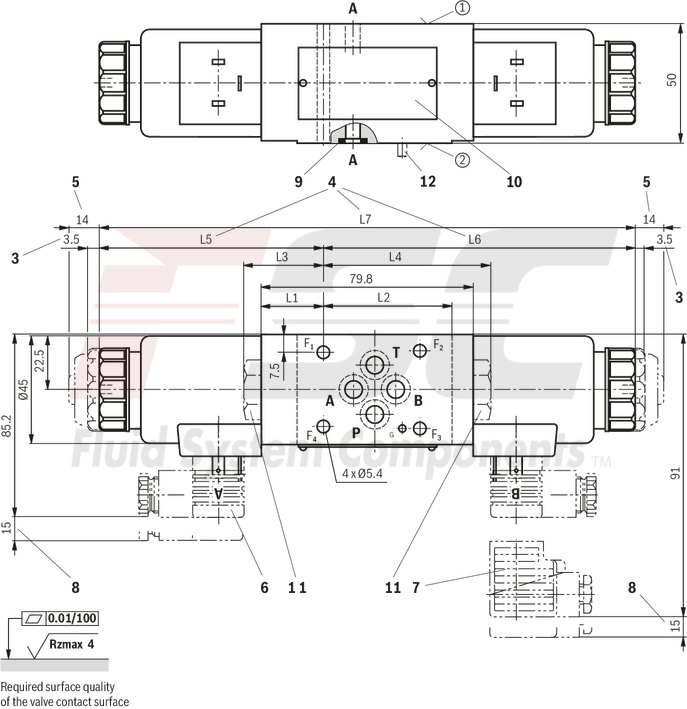 technical illustration-R900945999-Direct-controlled directional slide valve with solenoid actuation Sandwich plate valve As stop straight-through valve or stop straight-through short circuit valve Porting pattern according to DIN&nbsp;24340 form&nbsp;A (without locating hole), (standard) Porting pattern according to ISO&nbsp;4401-03-02-0-05 (with locating hole) Wet-pin AC or DC solenoids Manual override, optional