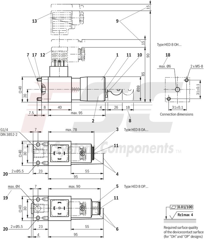 technical illustration-R901102362-200 bar, micro switch with NC contact/NO contact function, device connector DIN EN 175301-803 (large cubic connector)