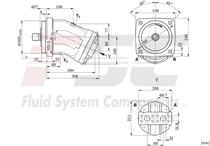 technical illustration-R902161205-Large variety of available nominal sizes allows exact adjustment to the application High power density Very high total efficiency High starting efficiency Working ports SAE flange or thread Optional with integrated pressure relief valve Optional with mounted addifitonal valve: counterbalance valve (BVD/BVE), flushing and boost-pressure valve Bent-axis design
