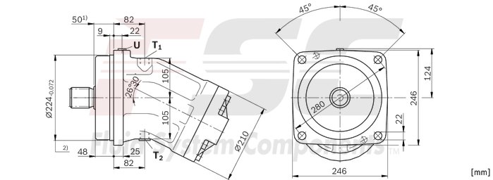 technical illustration-R902161205-Large variety of available nominal sizes allows exact adjustment to the application High power density Very high total efficiency High starting efficiency Working ports SAE flange or thread Optional with integrated pressure relief valve Optional with mounted addifitonal valve: counterbalance valve (BVD/BVE), flushing and boost-pressure valve Bent-axis design
