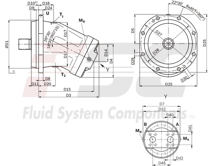 technical illustration-R902161205-Large variety of available nominal sizes allows exact adjustment to the application High power density Very high total efficiency High starting efficiency Working ports SAE flange or thread Optional with integrated pressure relief valve Optional with mounted addifitonal valve: counterbalance valve (BVD/BVE), flushing and boost-pressure valve Bent-axis design
