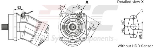 technical illustration-R902161205-Large variety of available nominal sizes allows exact adjustment to the application High power density Very high total efficiency High starting efficiency Working ports SAE flange or thread Optional with integrated pressure relief valve Optional with mounted addifitonal valve: counterbalance valve (BVD/BVE), flushing and boost-pressure valve Bent-axis design
