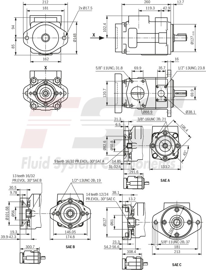 technical illustration-R978045699-Fixed displacement, size 45 cm³, pressure 175 bar, clockwise rotation, 600-1800 rpm, mounting flange SAE-B