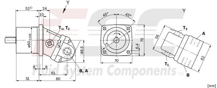 technical illustration-R902161205-Large variety of available nominal sizes allows exact adjustment to the application High power density Very high total efficiency High starting efficiency Working ports SAE flange or thread Optional with integrated pressure relief valve Optional with mounted addifitonal valve: counterbalance valve (BVD/BVE), flushing and boost-pressure valve Bent-axis design
