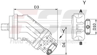 technical illustration-R902161205-Large variety of available nominal sizes allows exact adjustment to the application High power density Very high total efficiency High starting efficiency Working ports SAE flange or thread Optional with integrated pressure relief valve Optional with mounted addifitonal valve: counterbalance valve (BVD/BVE), flushing and boost-pressure valve Bent-axis design
