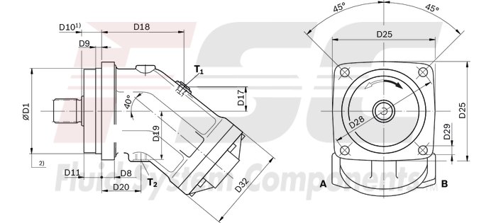 technical illustration-R902161205-Large variety of available nominal sizes allows exact adjustment to the application High power density Very high total efficiency High starting efficiency Working ports SAE flange or thread Optional with integrated pressure relief valve Optional with mounted addifitonal valve: counterbalance valve (BVD/BVE), flushing and boost-pressure valve Bent-axis design
