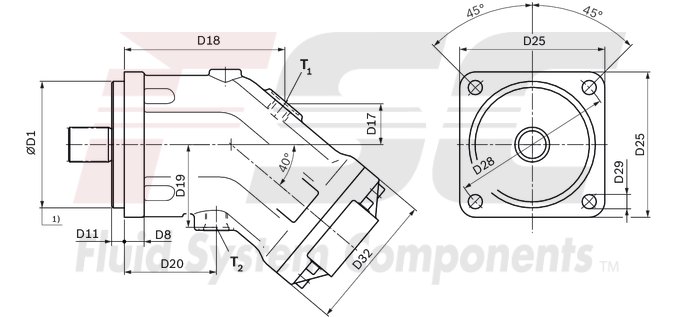 technical illustration-R902202055-Large variety of available nominal sizes allows exact adjustment to the application High power density Very high total efficiency High starting efficiency Working ports SAE flange or thread Optional with integrated pressure relief valve Optional with mounted addifitonal valve: counterbalance valve (BVD/BVE), flushing and boost-pressure valve Bent-axis design