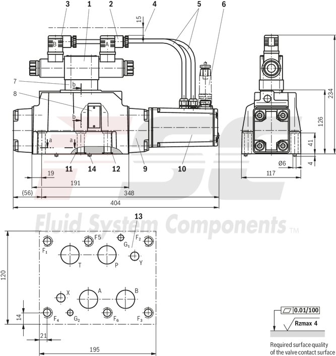 technical illustration-R900727476-Pilot-operated 2-stage proportional directional valves with electrical position feedback of the main control spool and integrated electronics (OBE) Control of flow direction and size Proportional solenoid operation For subplate mounting: Porting pattern according to ISO 4401 Electrical position feedback Spring-centered main control spool Pilot control valve: single-stage proportional directional valve Main stage with position control