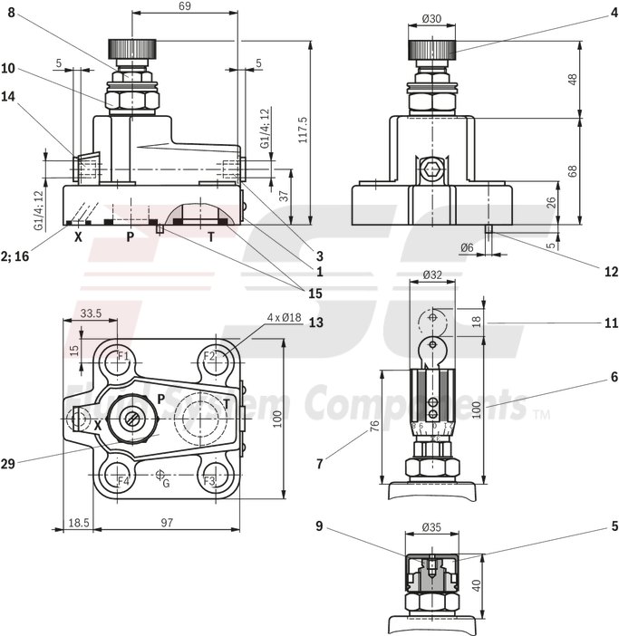 technical illustration-R901223095-For subplate mounting<br>
Porting pattern according to ISO&nbsp;6264-06-09-*-97 (NG10) and ISO&nbsp;6264-08-13-*-97 (NG25) For threaded connection 4 adjustment types for pressure adjustment, optionally<br>
• Rotary knob<br>
• Sleeve with hexagon and protective cap<br>
• Lockable rotary knob with scale<br>
• Rotary knob with scale 5 pressure ratings
