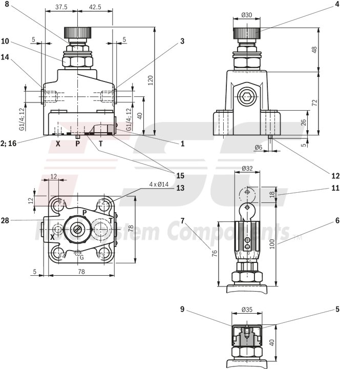 technical illustration-R901223095-For subplate mounting<br>
Porting pattern according to ISO&nbsp;6264-06-09-*-97 (NG10) and ISO&nbsp;6264-08-13-*-97 (NG25) For threaded connection 4 adjustment types for pressure adjustment, optionally<br>
• Rotary knob<br>
• Sleeve with hexagon and protective cap<br>
• Lockable rotary knob with scale<br>
• Rotary knob with scale 5 pressure ratings

