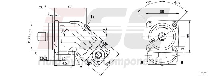 technical illustration-R902161205-Large variety of available nominal sizes allows exact adjustment to the application High power density Very high total efficiency High starting efficiency Working ports SAE flange or thread Optional with integrated pressure relief valve Optional with mounted addifitonal valve: counterbalance valve (BVD/BVE), flushing and boost-pressure valve Bent-axis design

