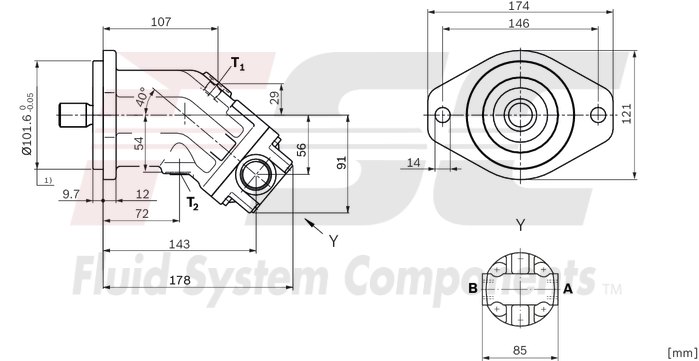 technical illustration-R902202055-Large variety of available nominal sizes allows exact adjustment to the application High power density Very high total efficiency High starting efficiency Working ports SAE flange or thread Optional with integrated pressure relief valve Optional with mounted addifitonal valve: counterbalance valve (BVD/BVE), flushing and boost-pressure valve Bent-axis design