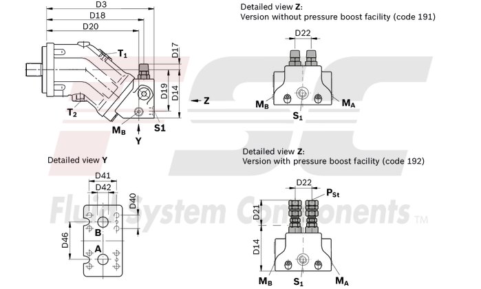 technical illustration-R902202055-Large variety of available nominal sizes allows exact adjustment to the application High power density Very high total efficiency High starting efficiency Working ports SAE flange or thread Optional with integrated pressure relief valve Optional with mounted addifitonal valve: counterbalance valve (BVD/BVE), flushing and boost-pressure valve Bent-axis design