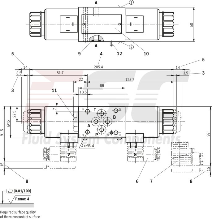 technical illustration-R900945999-Direct-controlled directional slide valve with solenoid actuation Sandwich plate valve As stop straight-through valve or stop straight-through short circuit valve Porting pattern according to DIN&nbsp;24340 form&nbsp;A (without locating hole), (standard) Porting pattern according to ISO&nbsp;4401-03-02-0-05 (with locating hole) Wet-pin AC or DC solenoids Manual override, optional